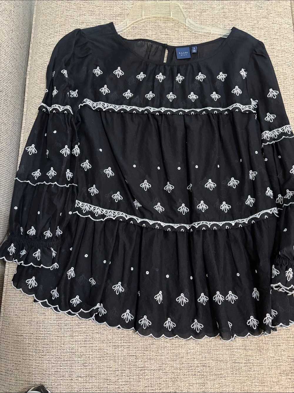 Kaari Blue Black Top with White Embroidery